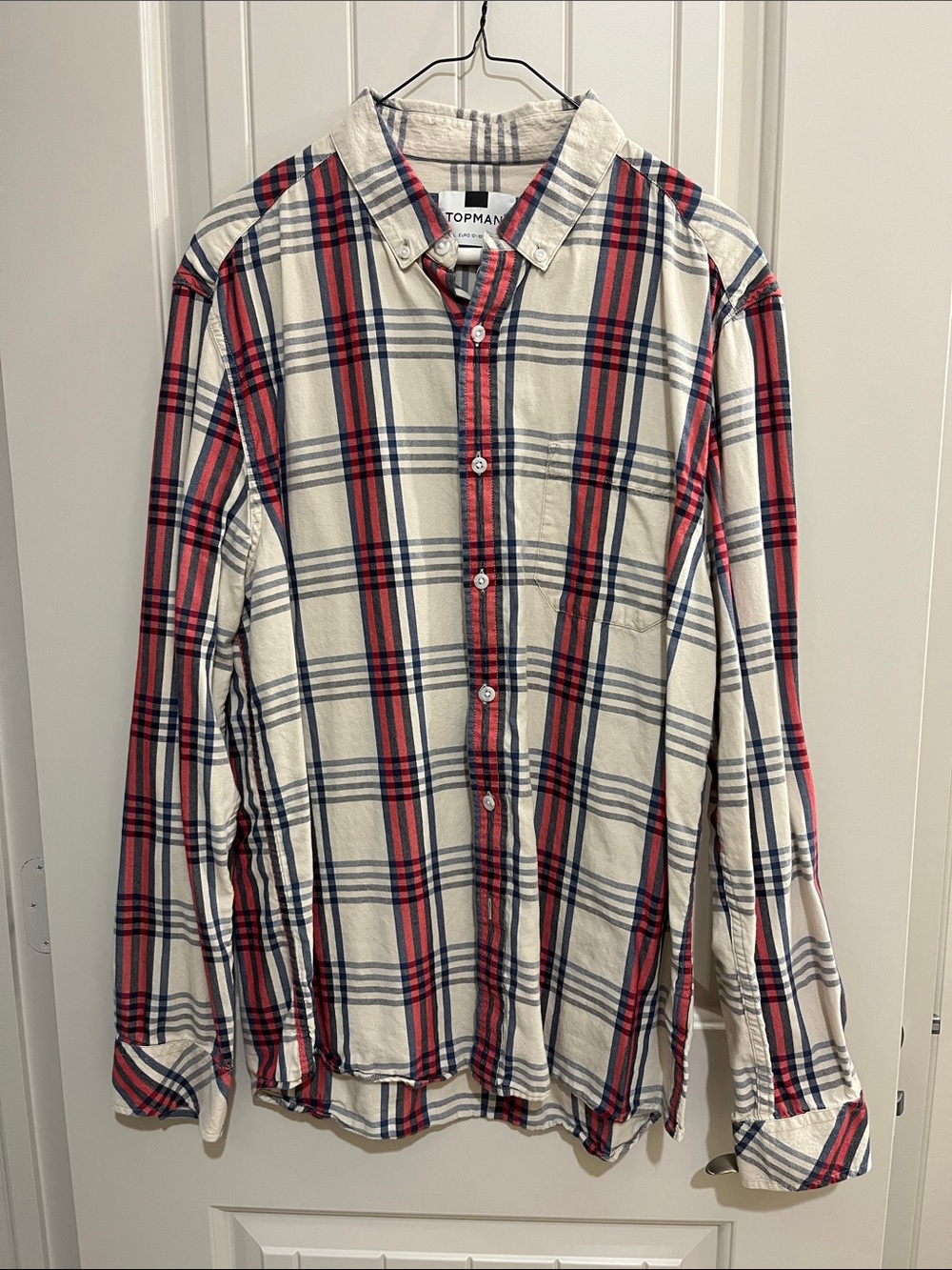 Topman Cream Plaid Button-Up Shirt with Red & Navy Stripes
